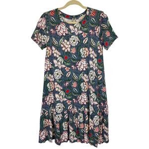 Loft Blue Floral Flounce Swing Dress Women Sz S Jersey Knit Ruffle Hem Stretch